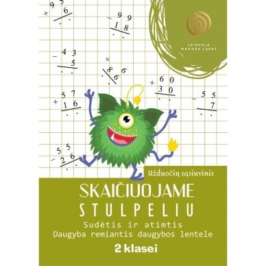 Skaičiuojame stulpeliu 2 kl.Sudėtis ir atimtis.Daugyba remiantis daugybos lentele.užduočių sąsiuvinis
